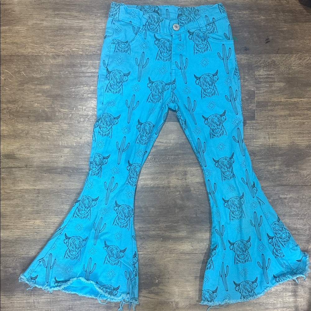 Turquoise Bell Bottom Pants with Skull & Cactus Print